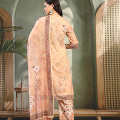 Women Peach Printed with Sequin Embroidered Kurta & Trousers with Dupatta Set