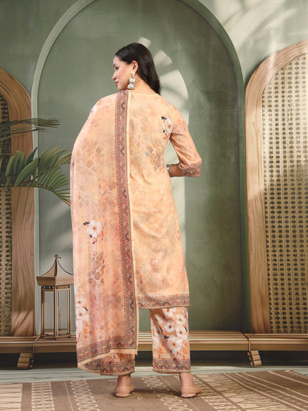Women Peach Printed with Sequin Embroidered Kurta & Trousers with Dupatta Set