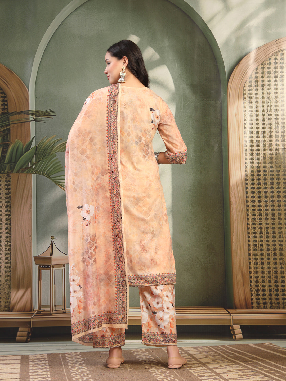 Women Peach Printed with Sequin Embroidered Kurta & Trousers with Dupatta Set
