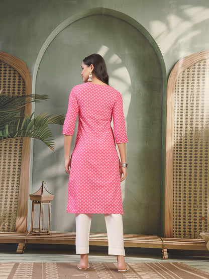 Women Pink Embroidered V-Neck Straight Kurta