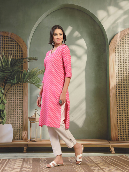 Women Pink Embroidered V-Neck Straight Kurta