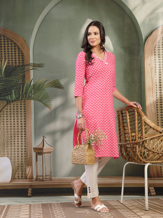 Women Pink Embroidered V-Neck Straight Kurta