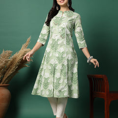 Women Green Printed A-Line Kurta