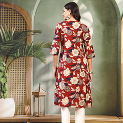 Women Maroon Printed Pure Cotton Round Neck Calf Length Straight Kurta