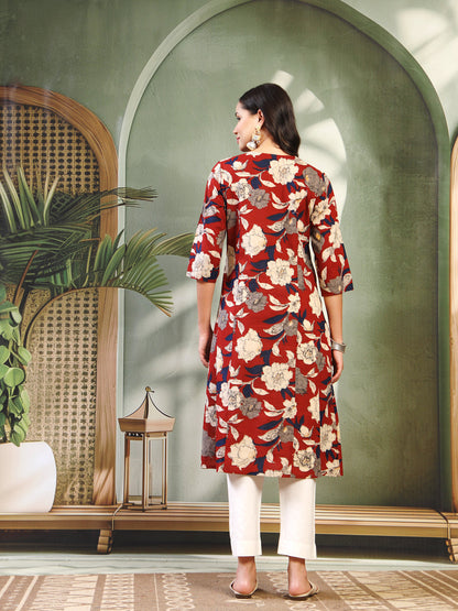 Women Maroon Printed Pure Cotton Round Neck Calf Length Straight Kurta