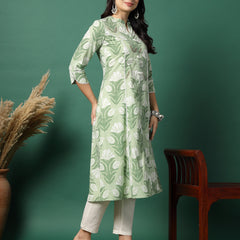 Women Green Printed A-Line Kurta