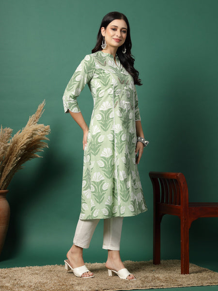 Women Green Printed A-Line Kurta