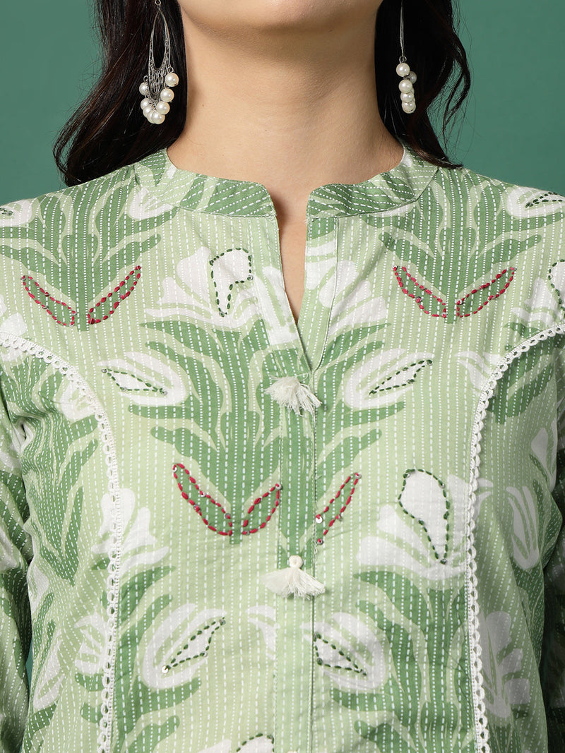 Women Green Printed A-Line Kurta