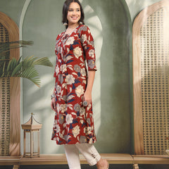 Women Maroon Printed Pure Cotton Round Neck Calf Length Straight Kurta