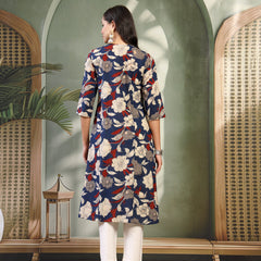 Women Blue Printed Cotton Round Neck Calf Length Straight Kurta