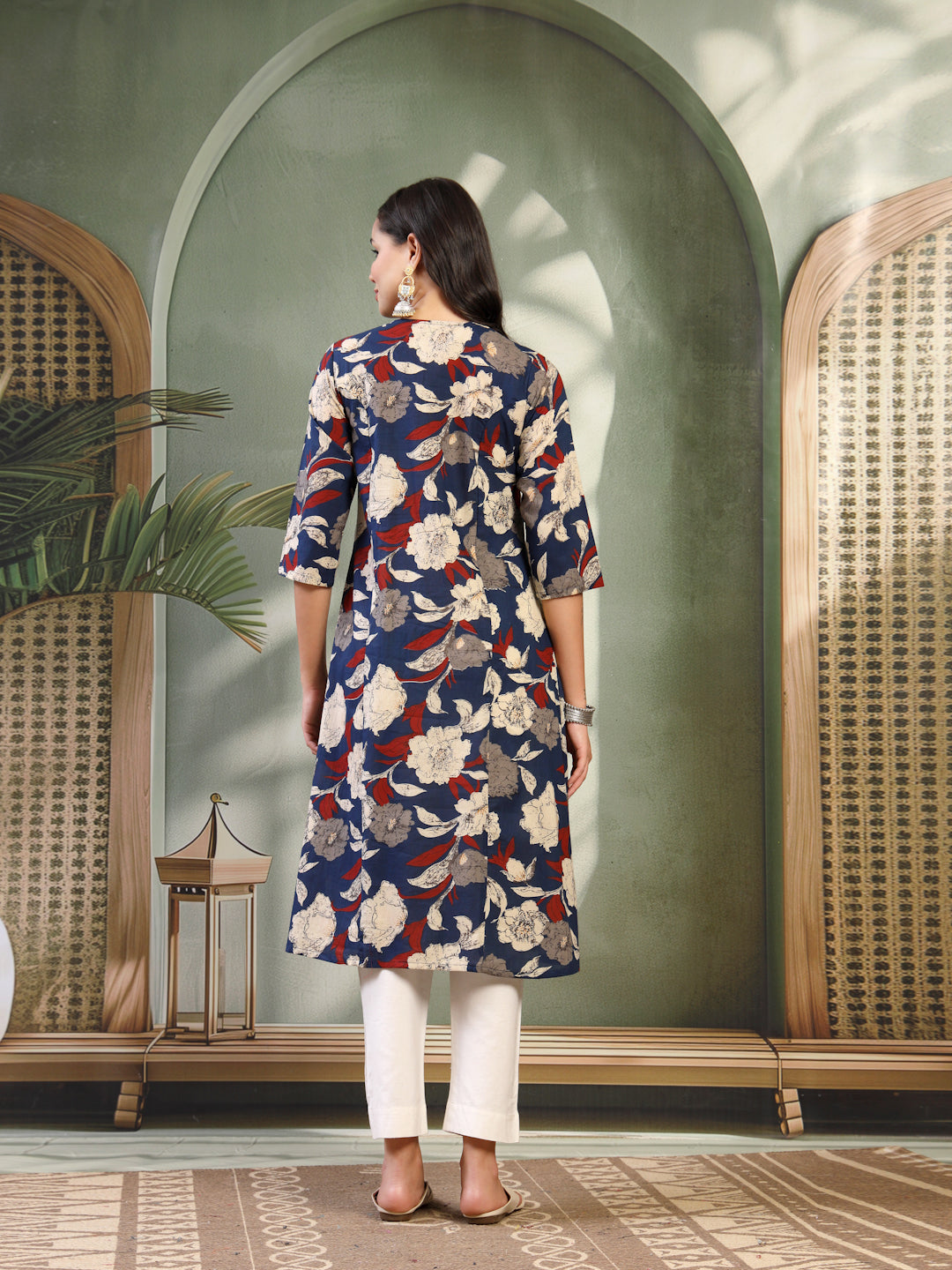 Women Blue Printed Cotton Round Neck Calf Length Straight Kurta