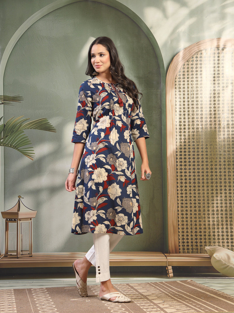 Women Blue Printed Cotton Round Neck Calf Length Straight Kurta