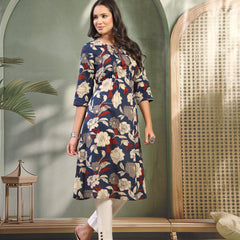 Women Blue Printed Cotton Round Neck Calf Length Straight Kurta