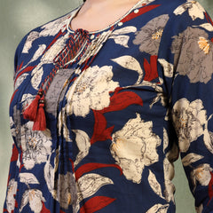 Women Blue Printed Cotton Round Neck Calf Length Straight Kurta