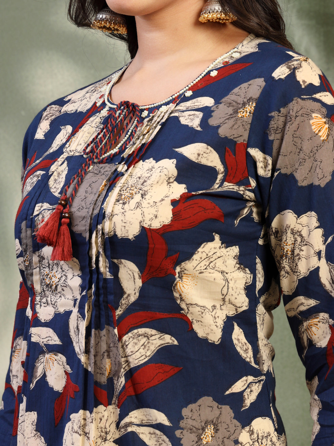 Women Blue Printed Cotton Round Neck Calf Length Straight Kurta