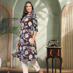 Women Blue Printed Cotton Round Neck Calf Length Straight Kurta