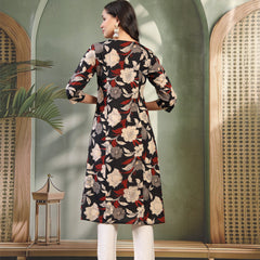 Women Black Printed Pure Cotton Round Neck Calf Length Straight Kurta
