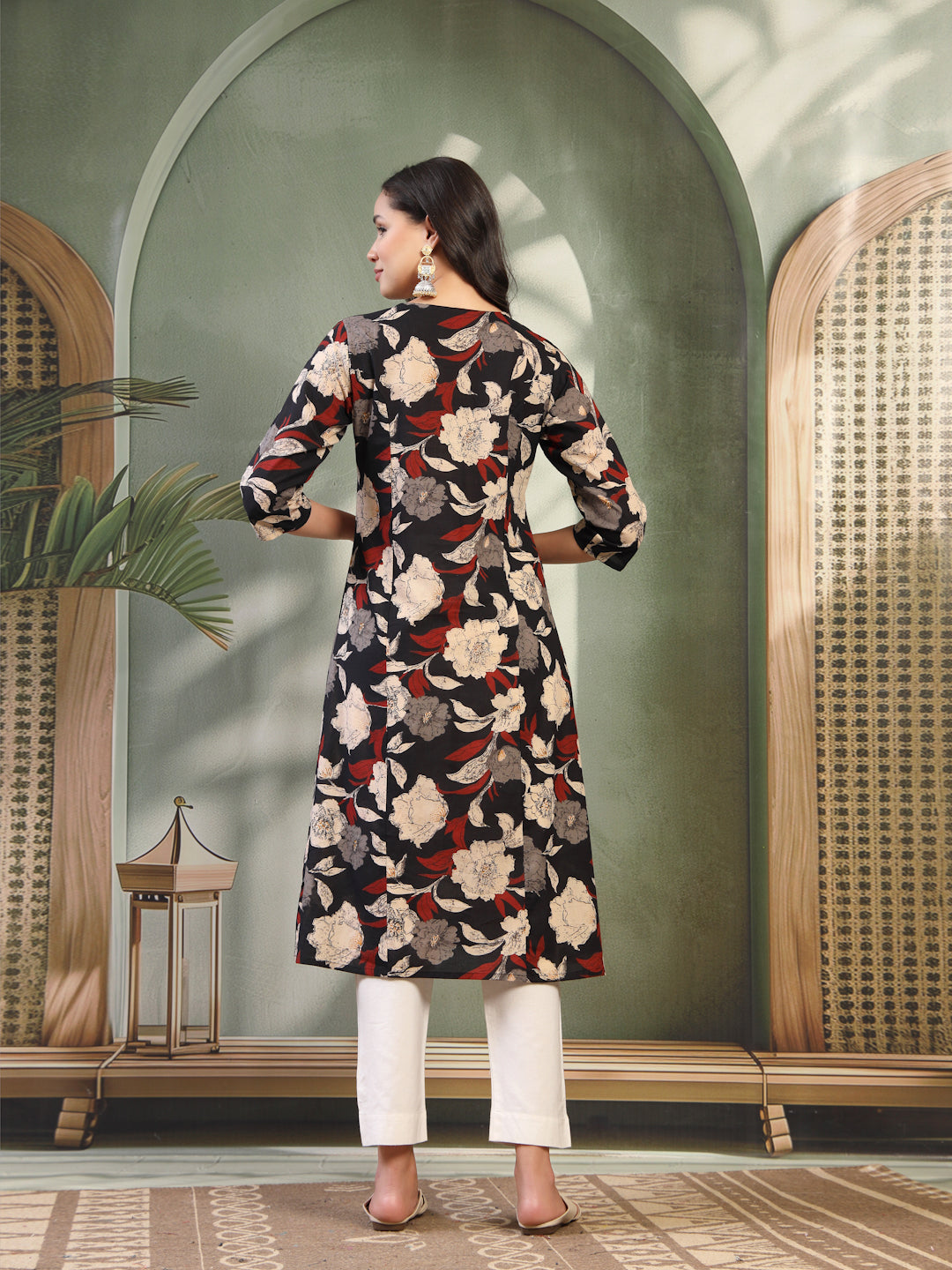 Women Black Printed Pure Cotton Round Neck Calf Length Straight Kurta