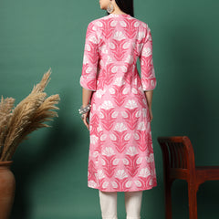 Women Pink Cotton Printed A-Line Kurta