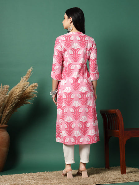 Women Pink Cotton Printed A-Line Kurta