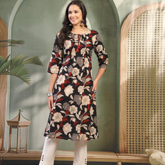Women Black Printed Pure Cotton Round Neck Calf Length Straight Kurta