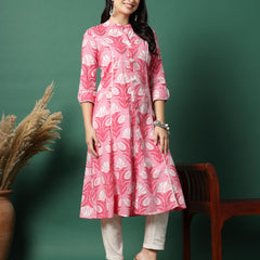 Women Pink Cotton Printed A-Line Kurta