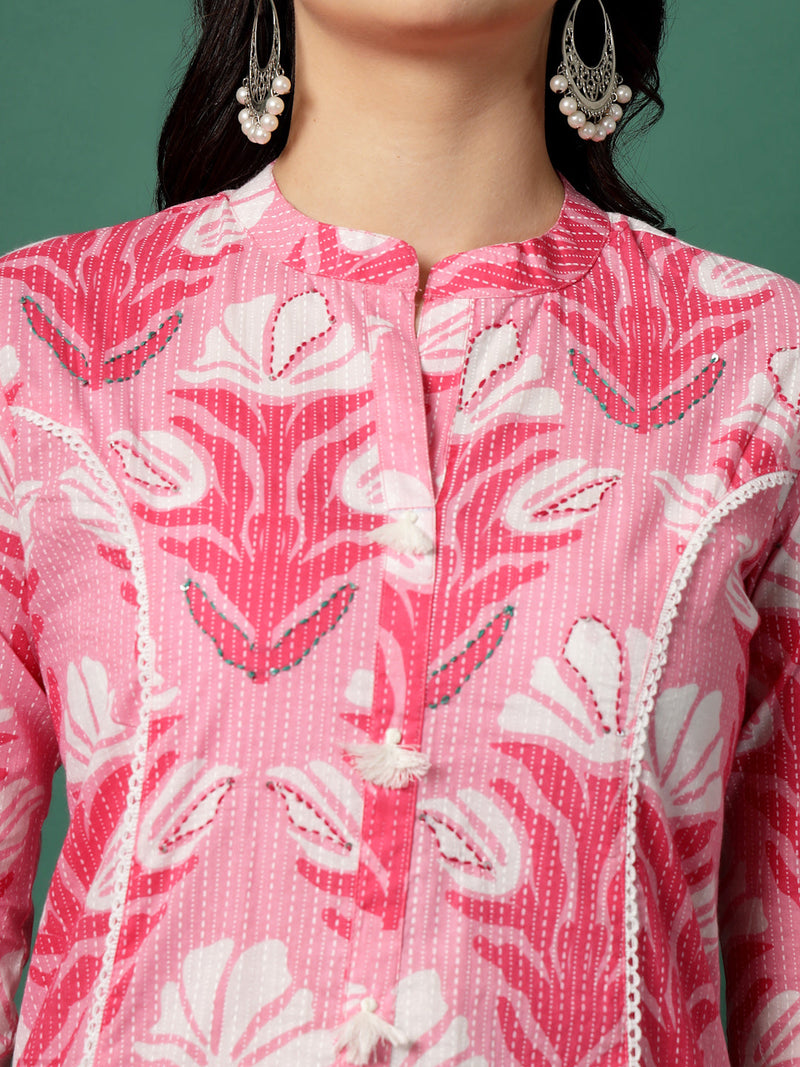 Women Pink Cotton Printed A-Line Kurta