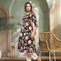 Women Black Printed Pure Cotton Round Neck Calf Length Straight Kurta