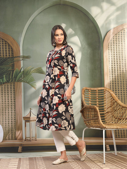 Women Black Printed Pure Cotton Round Neck Calf Length Straight Kurta