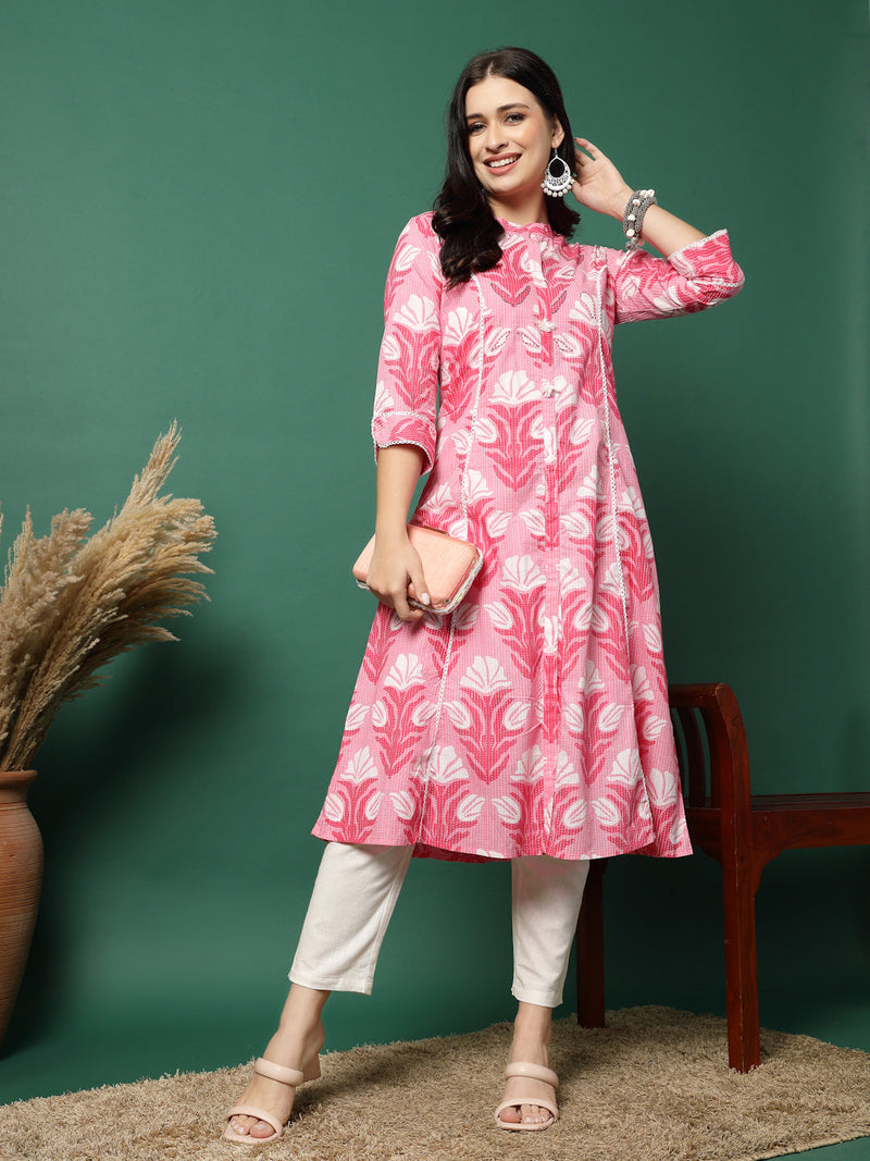 Women Pink Cotton Printed A-Line Kurta