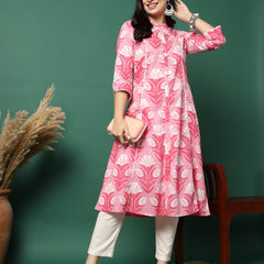 Women Pink Cotton Printed A-Line Kurta