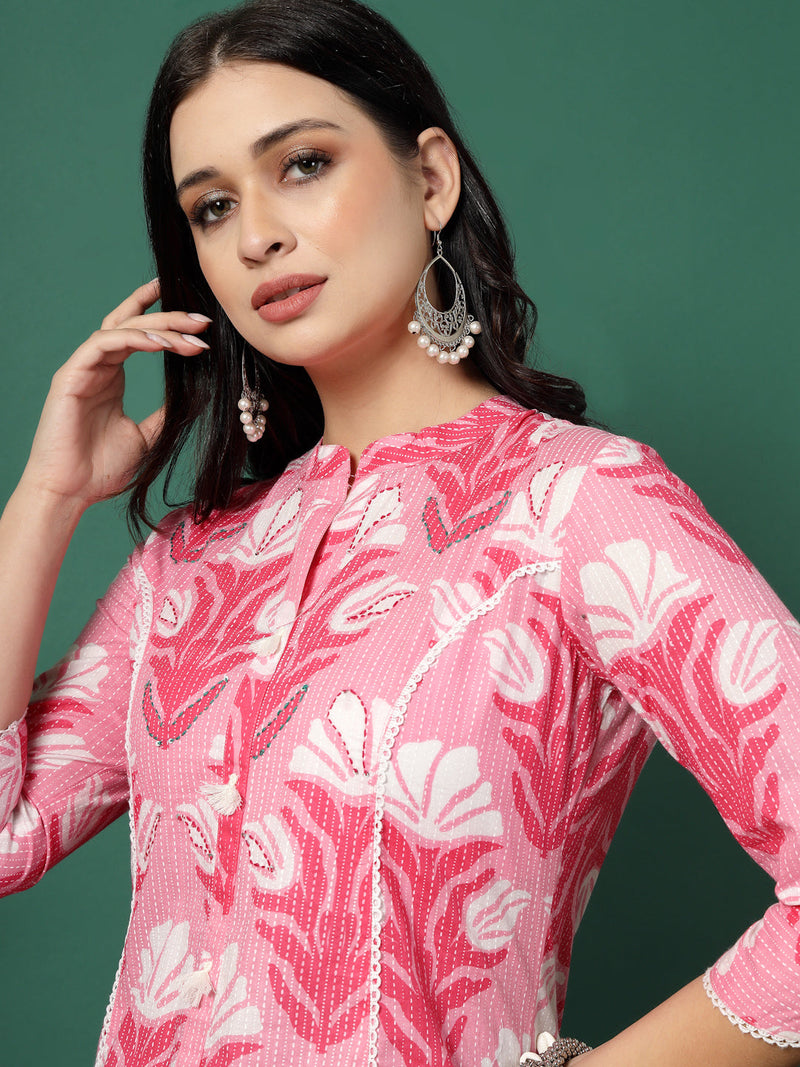 Women Pink Cotton Printed A-Line Kurta