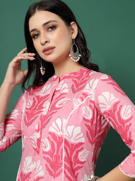 Women Pink Cotton Printed A-Line Kurta