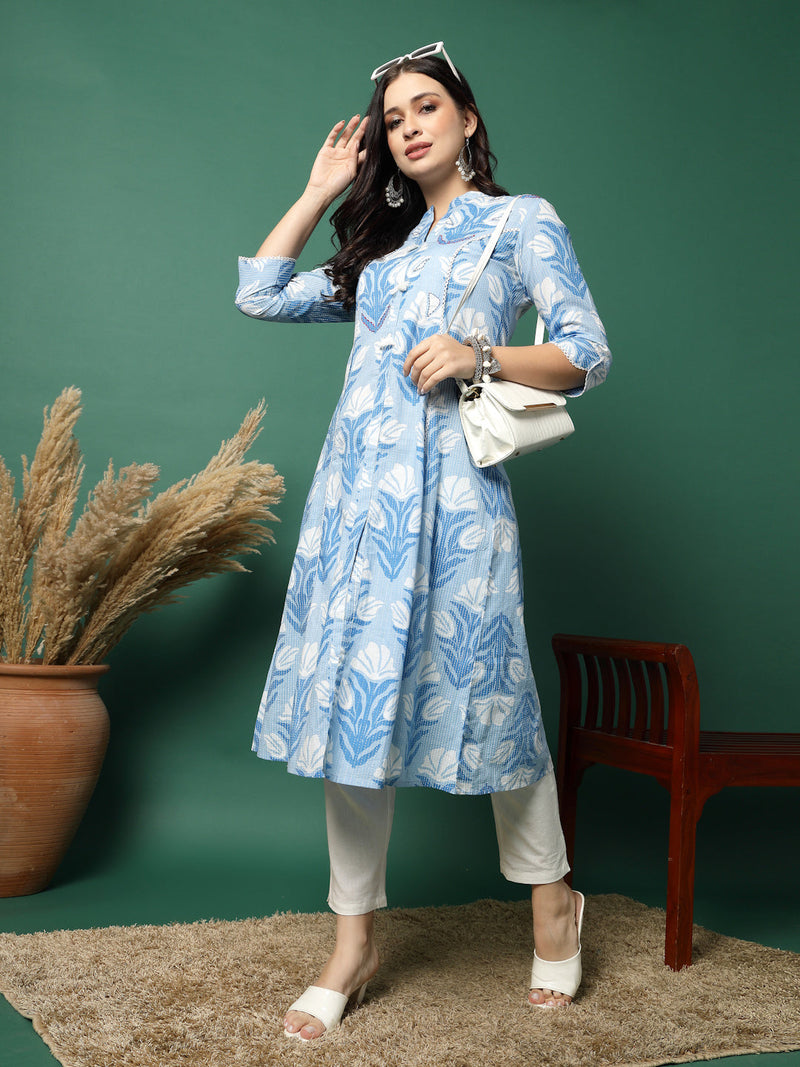 Women Blue Color Printed A-line Kurta