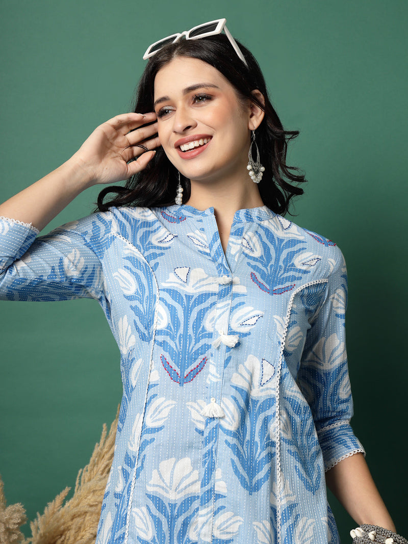 Women Blue Color Printed A-line Kurta