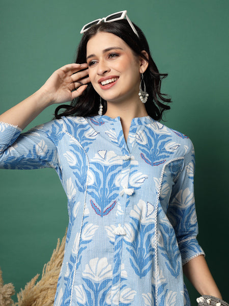 Women Blue Color Printed A-line Kurta