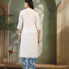 Women Self Design Pure Cotton Mandarin Collar Straight Kurta & Palazzos