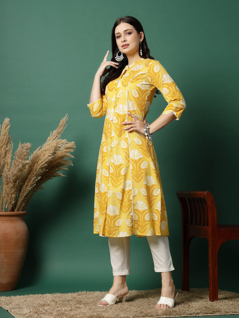 Women Yellow Printed A-Line Kurta