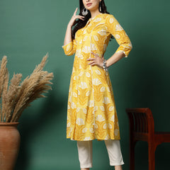 Women Yellow Printed A-Line Kurta