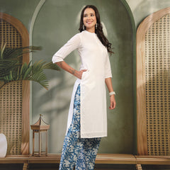 Women Self Design Pure Cotton Mandarin Collar Straight Kurta & Palazzos
