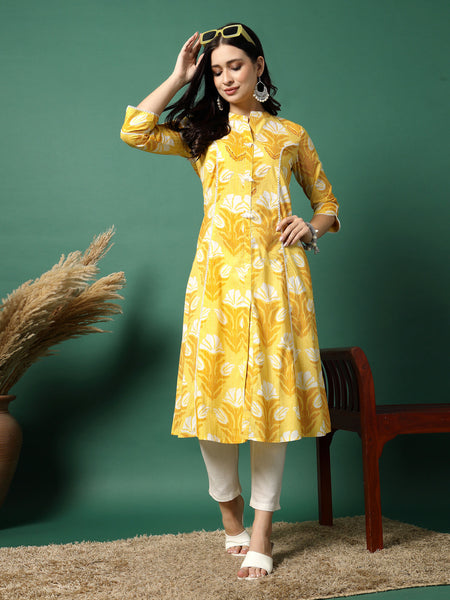 Women Yellow Printed A-Line Kurta