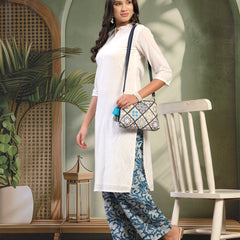 Women Self Design Pure Cotton Mandarin Collar Straight Kurta & Palazzos