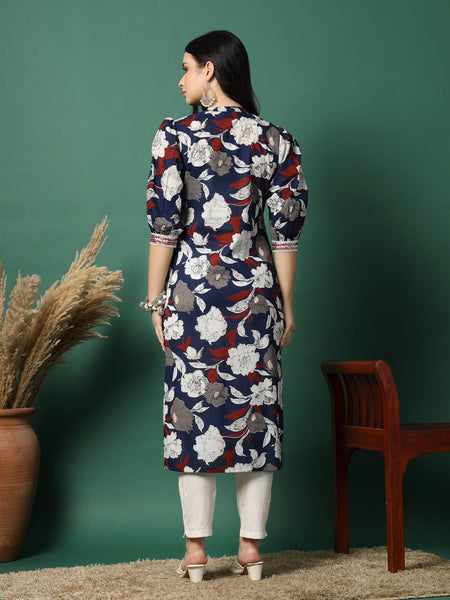 Women Blue Embroidery Printed A-line Kurta
