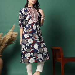 Women Blue Embroidery Printed A-line Kurta