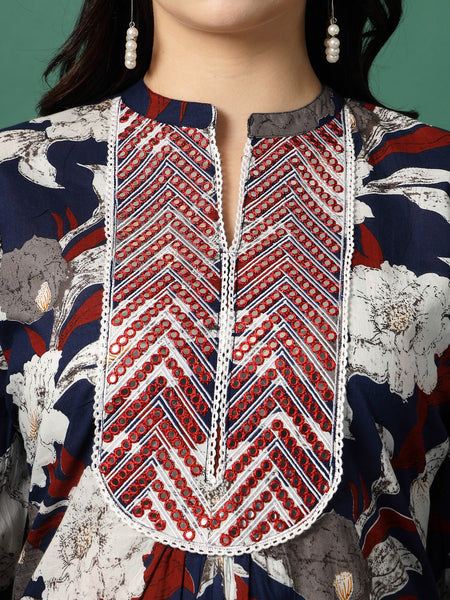 Women Blue Embroidery Printed A-line Kurta