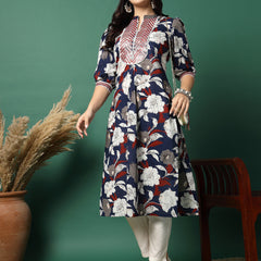 Women Blue Embroidery Printed A-line Kurta