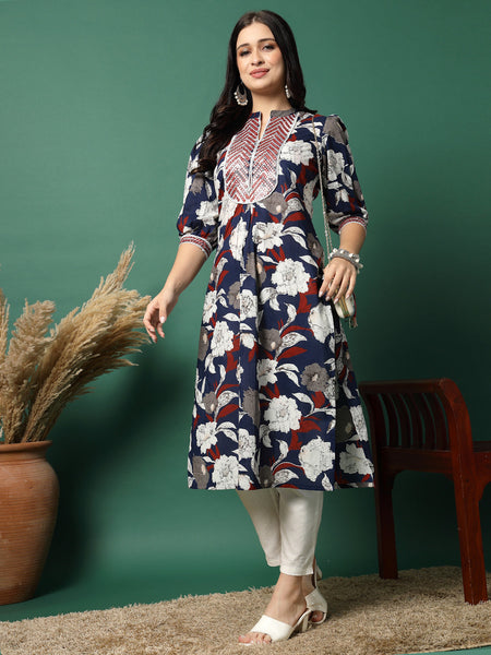 Women Blue Embroidery Printed A-line Kurta