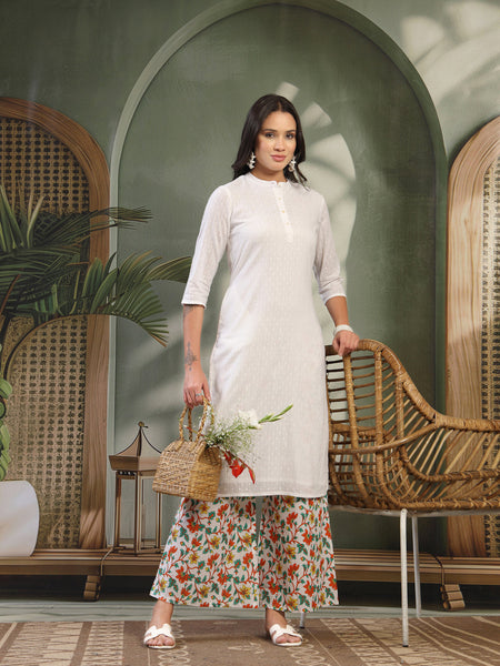 Women White Self Design Kurta Set