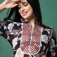 Women Blue Embroidery Printed A-line Kurta