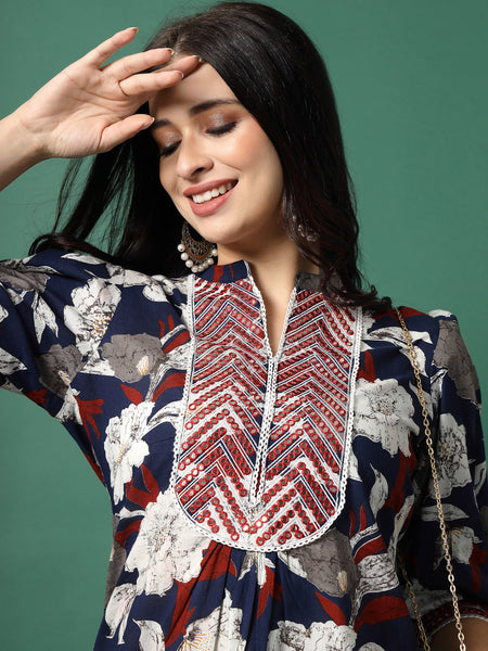 Women Blue Embroidery Printed A-line Kurta